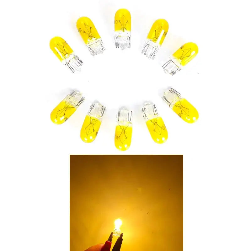 Simples Market 10-pack yellow glass T10 W5W car signal lamp bulbs, 12V 5W/3W, single filament, arranged in circle