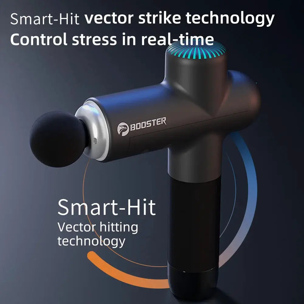 Booster massage gun by Simples Market, black handheld electric fascia massager with blue light accents.