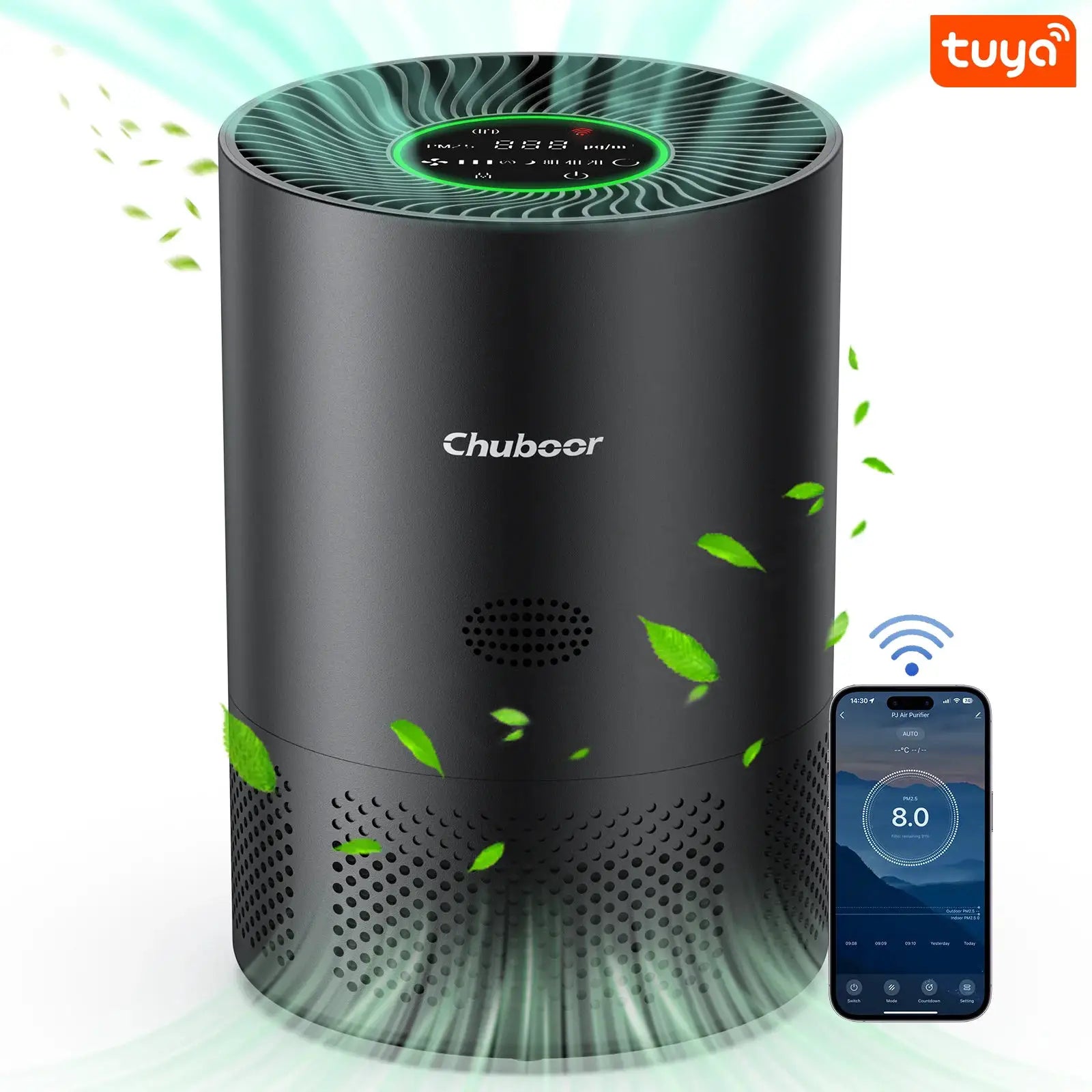 Chuboor air purifier, black cylindrical unit with H13 HEPA, Tuya app compatible for 30–40 m² rooms