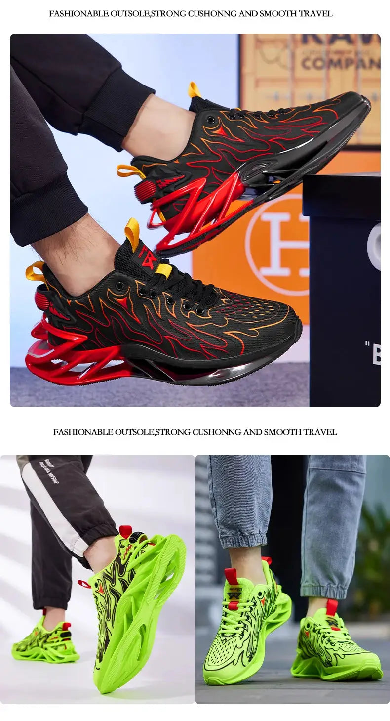 Men's Simples Market running sneakers; black with red flame pattern and neon-green edition, breathable trainers.