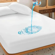 Waterproof mattress protector cover, white, breathable knitted fitted sheet on bed