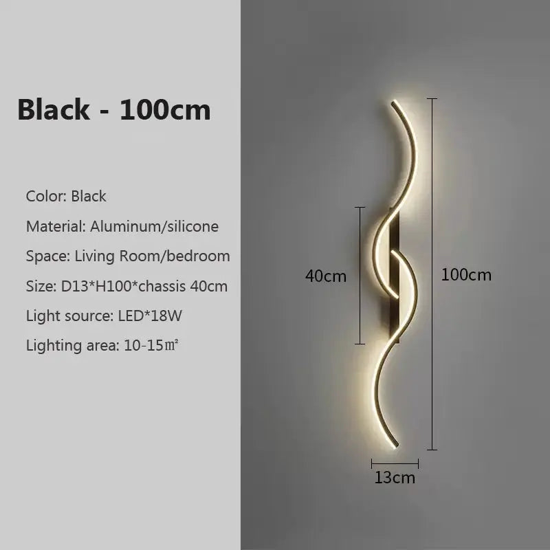 Modern LED wall lamp by Simples Market, black aluminum/silicone spiral wall sconce, 100cm long.