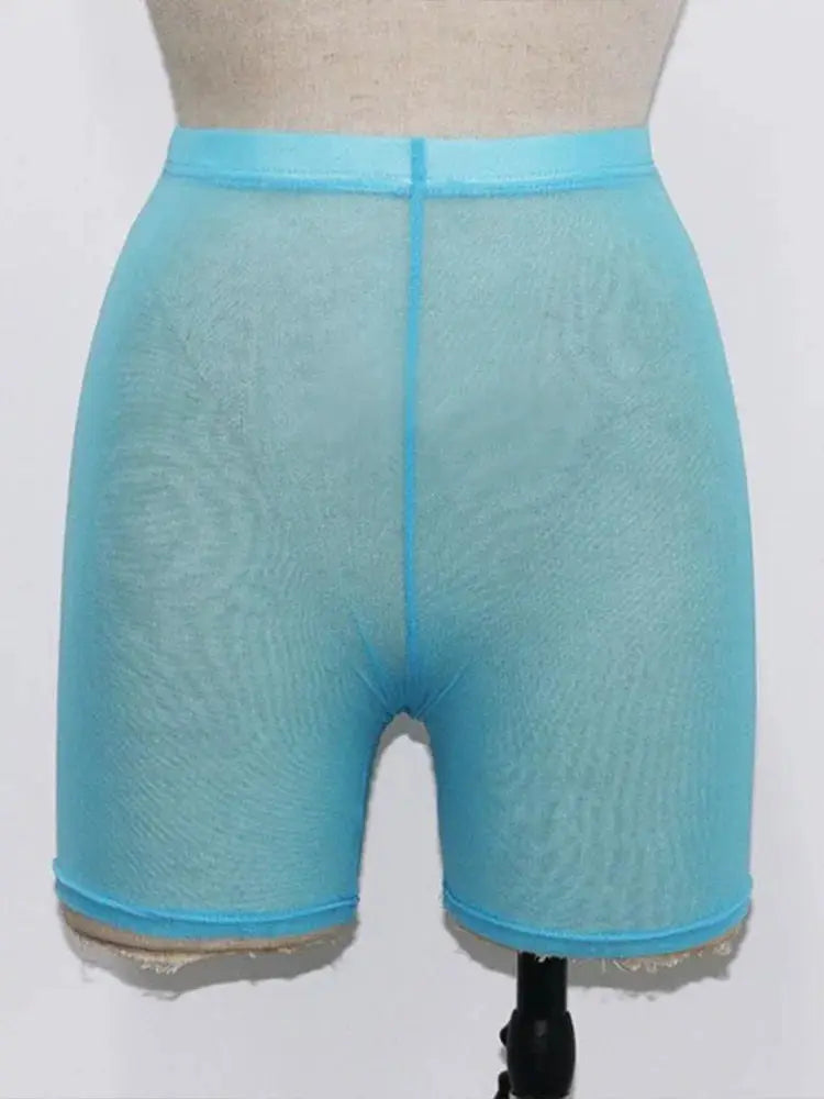 Women's light-blue mesh high-waist shorts with see-through fabric.