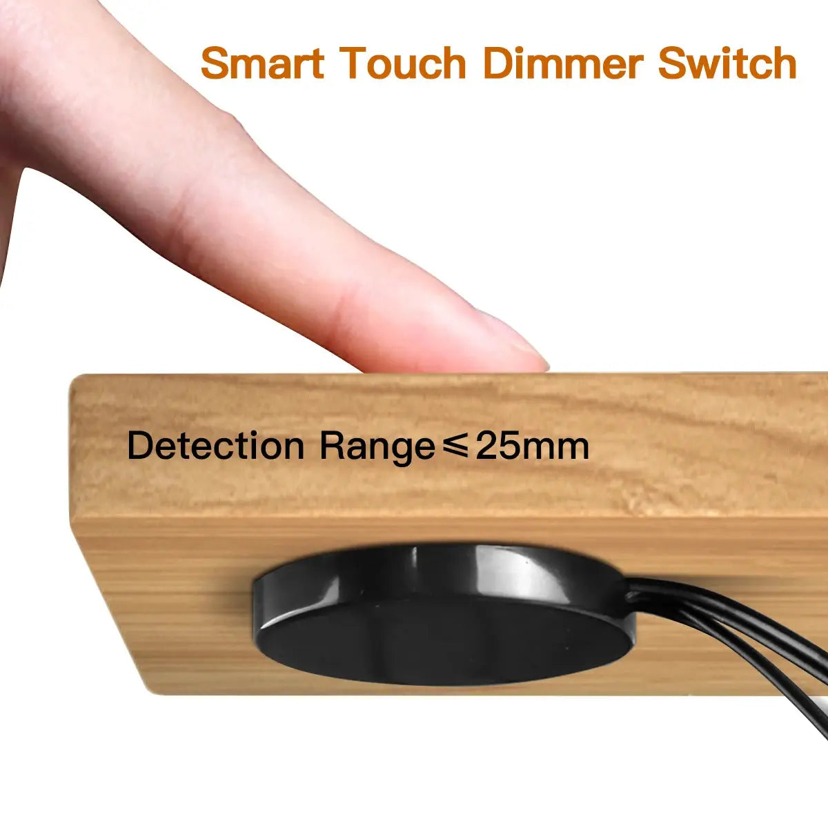 Smart touch dimmer switch on wood panel with finger near sensor