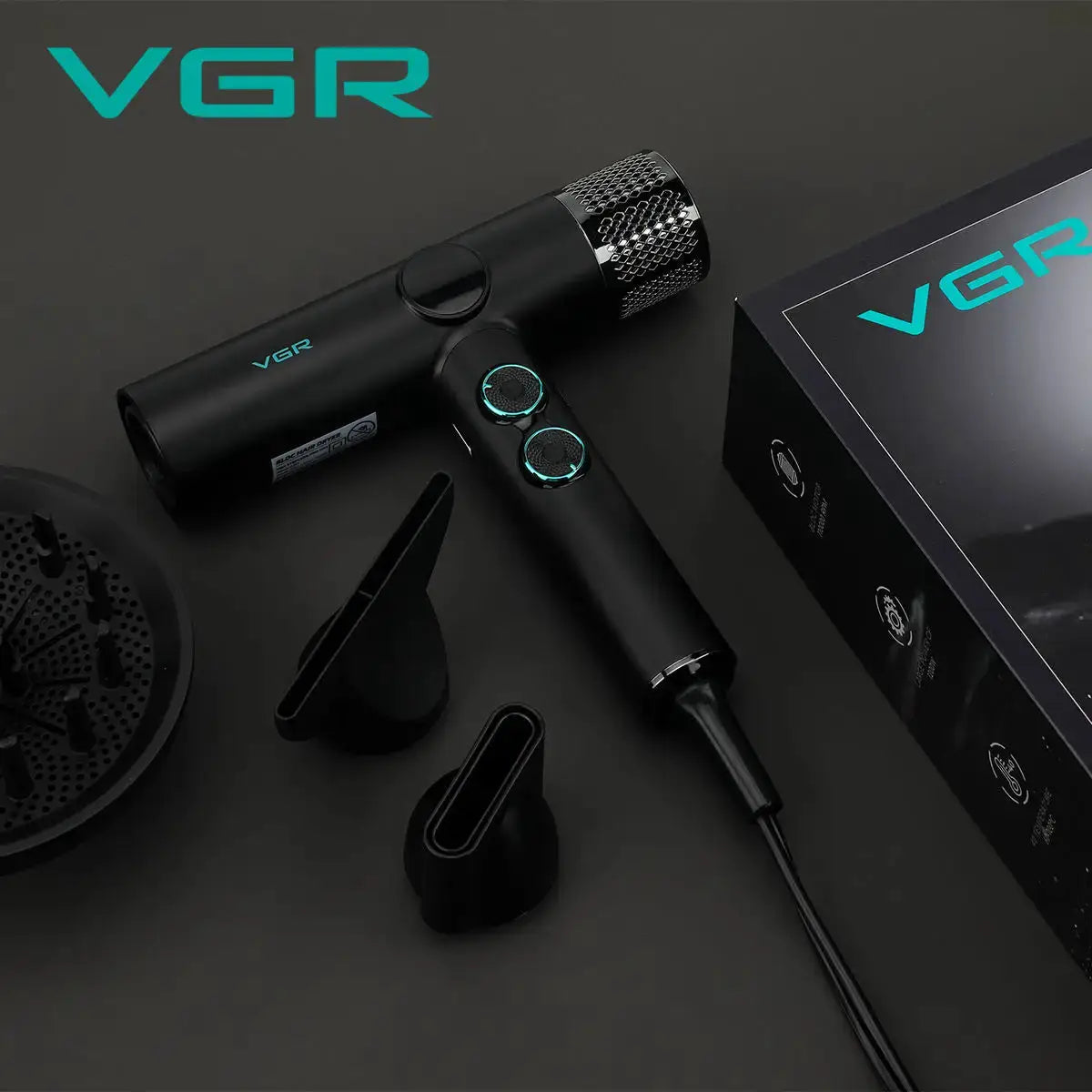 VGR black hair dryer with teal accents; includes diffuser and concentrator attachments beside the box