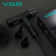 VGR black hair dryer with teal accents; includes diffuser and concentrator attachments beside the box