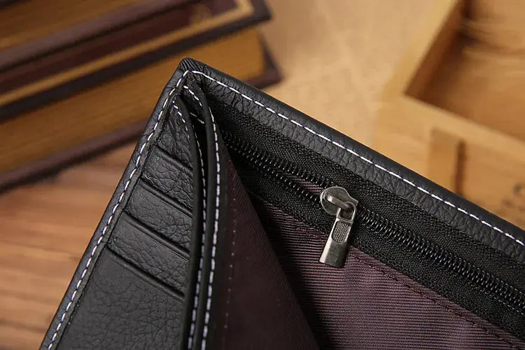Men's black Simples Market genuine leather wallet with card slots and zippered coin pocket
