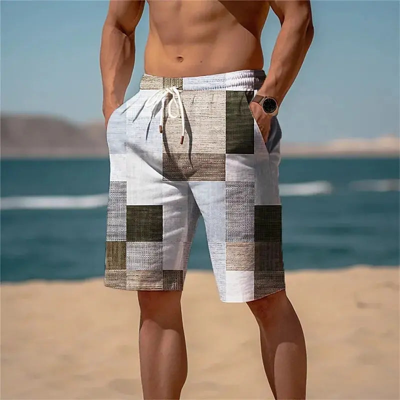 Board shorts by Simples Market with patchwork multicolor blocks, quick-dry men’s beach trunks.