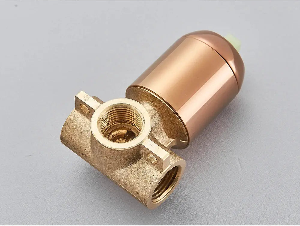 Brass bathroom mixer valve with rose-gold cartridge and threaded hot/cold inlets