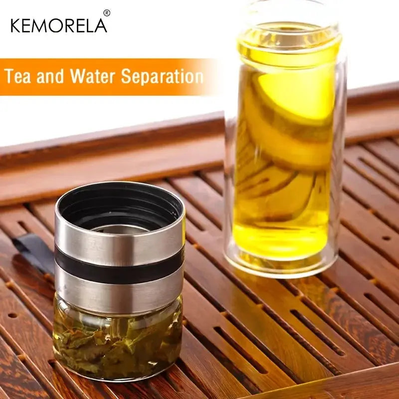 KEMORELA Leakproof Glass Tea Infuser Bottle With Double Wall Insulation And Water Separation Compartment 350ml 450ml 500ml