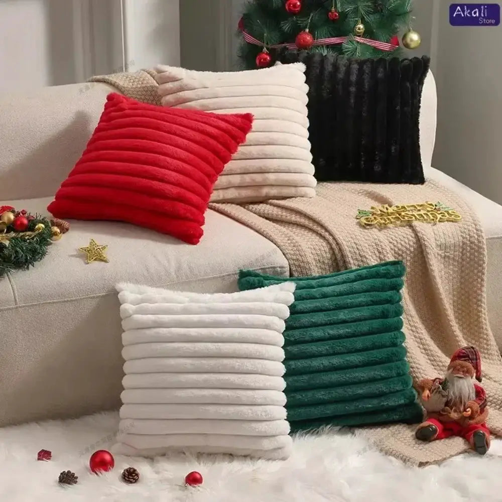 Faux rabbit fur cushion covers, striped plush texture in red, white, beige, green and black (5) for sofa.