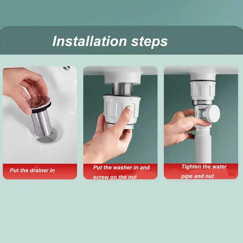Retractable anti-odor drain pipe filter with flip-top, white and metal components, 3-step installation.