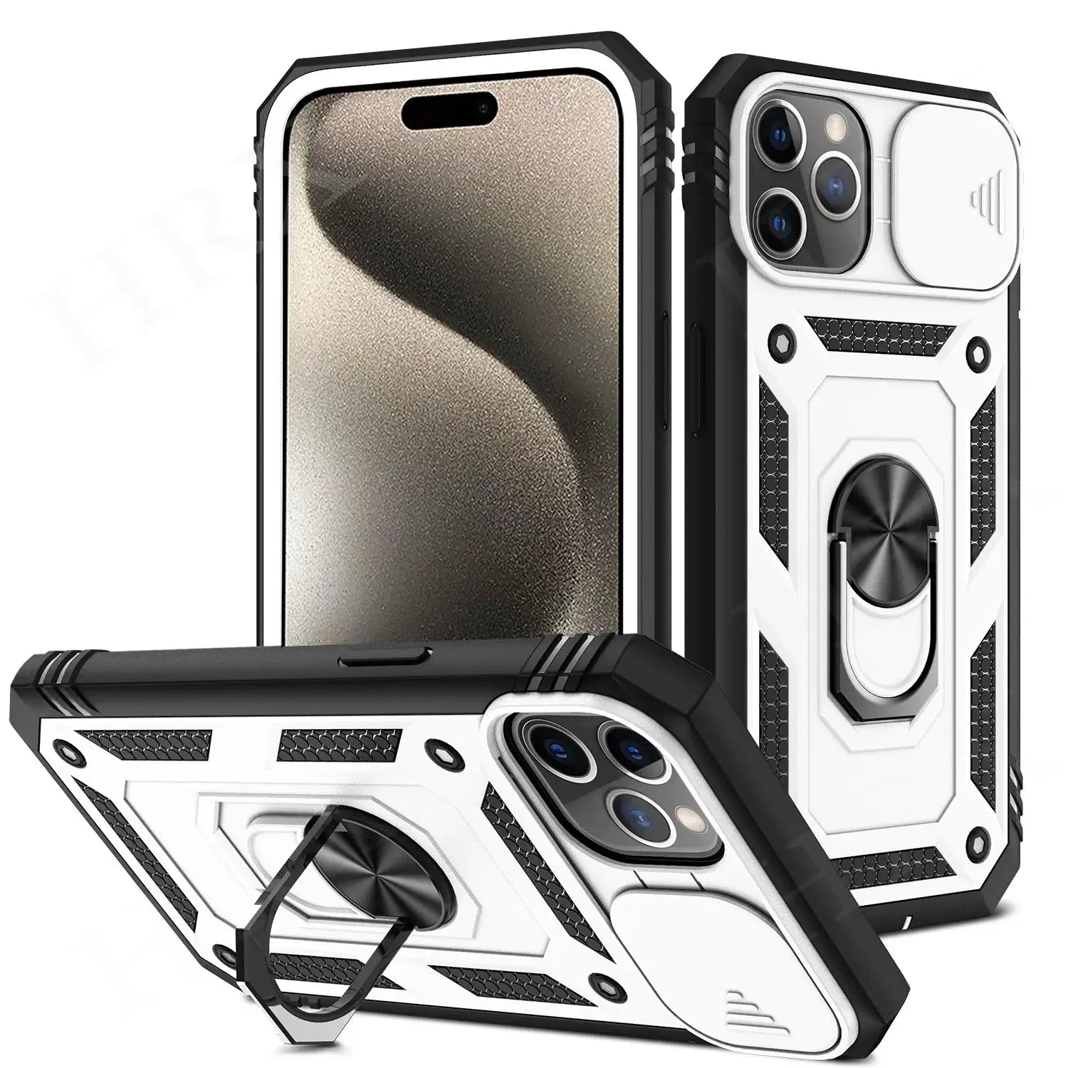 Simples Market 360° rugged iPhone case with sliding camera stand and ring grip, white/black