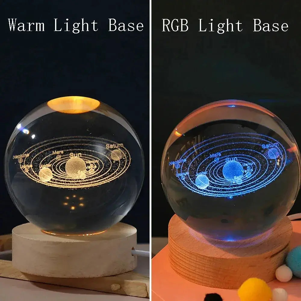 3D crystal ball night light globe with solar system engraving on a wooden base; two lighting modes: warm and RGB.