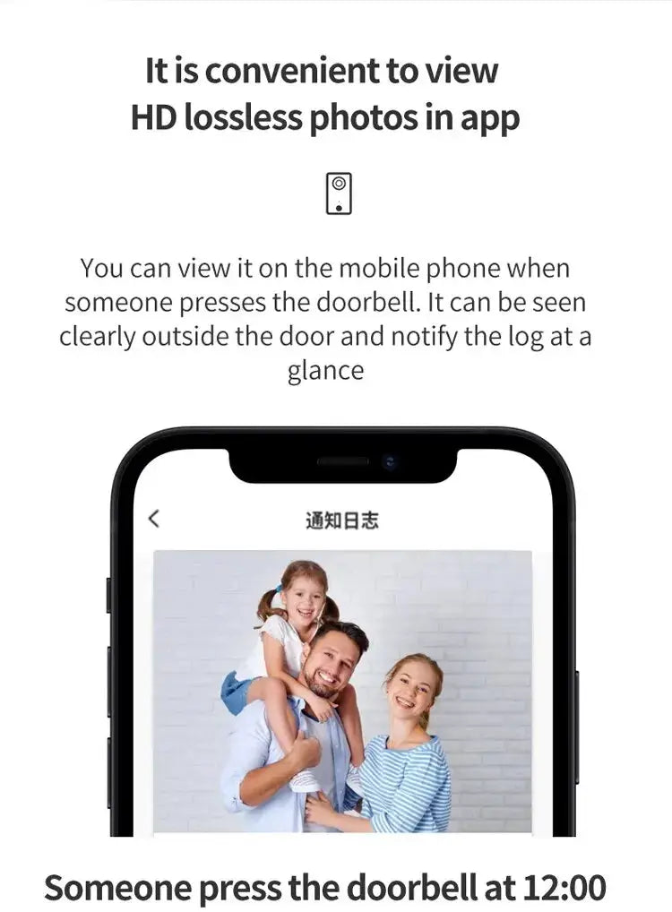Wireless WiFi video doorbell app interface on a black smartphone displaying a smiling family photo