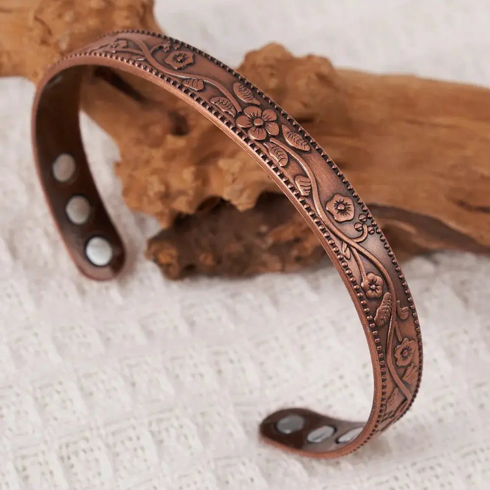 Magnetic Cuff Bracelet Vintage Flower Design Set Unisex Adjustable Zinc Alloy Antique Copper Plated - Simples Market