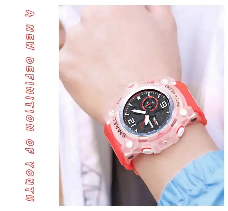 SMAEL sport watch on pink silicone strap with black dial, white numerals, red bezel