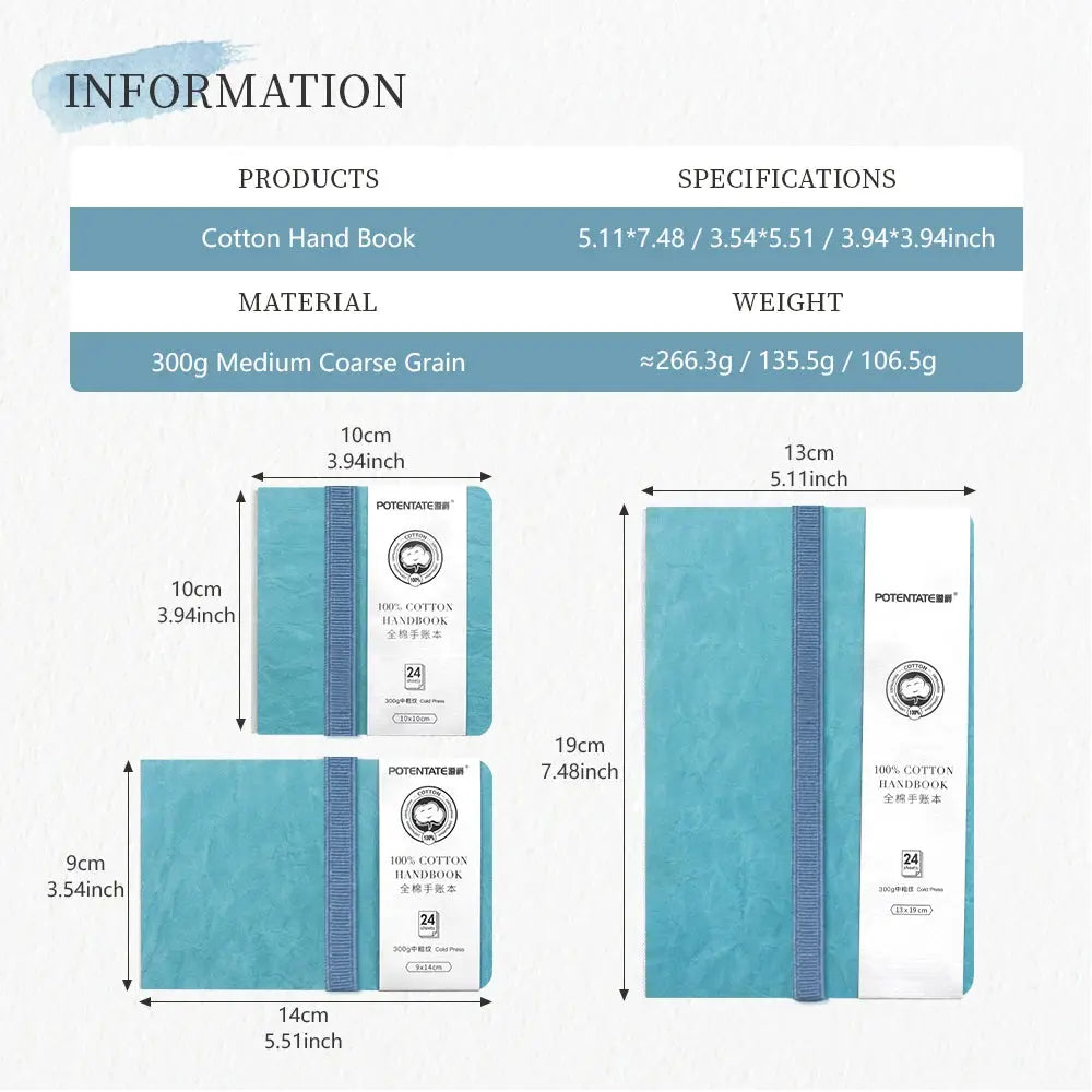 POTENTATE blue watercolor journal by Simples Market; 100% cotton 300gsm cold-press paper, elastic band, two sizes.