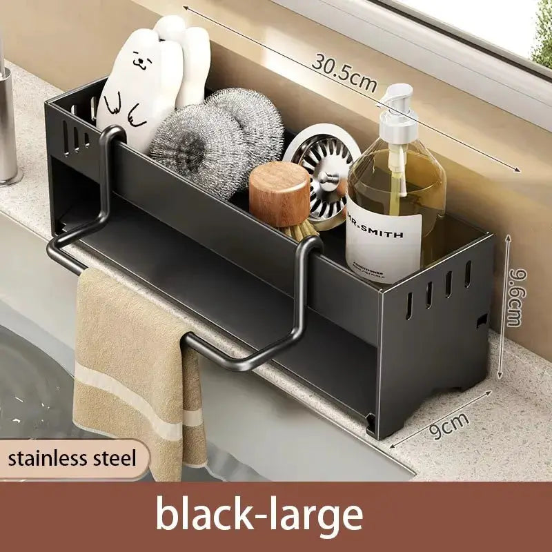 Black stainless steel sponge rack for kitchen sink, holds sponges, brushes and dish soap bottle
