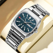 Simples Market men's square stainless steel watch with blue dial and date window