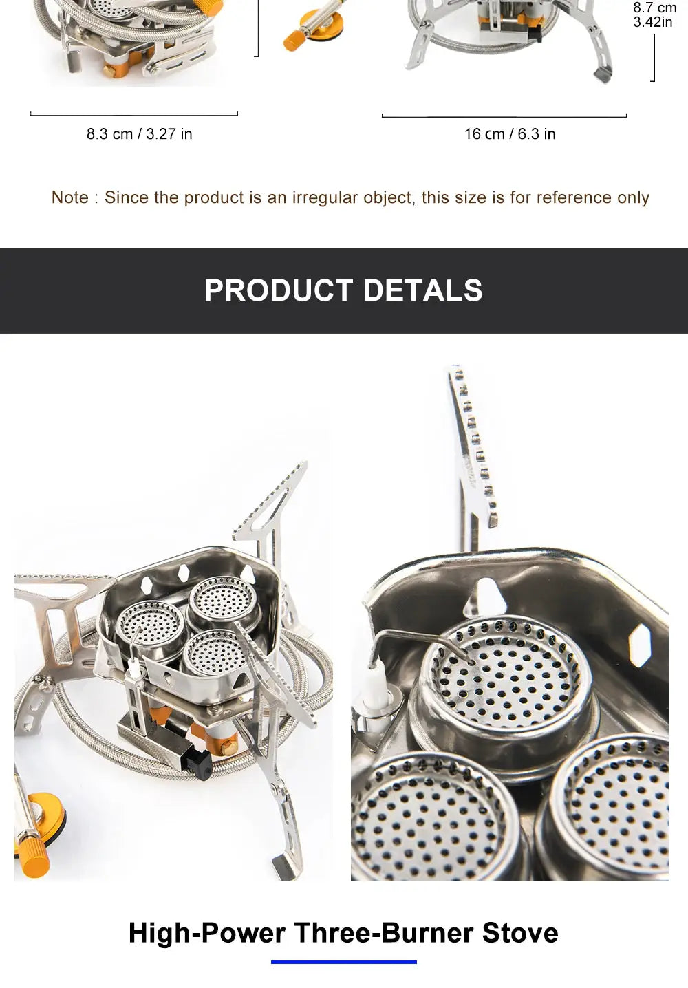 Three-burner gas stove for camping, high-power stainless steel with orange control knobs