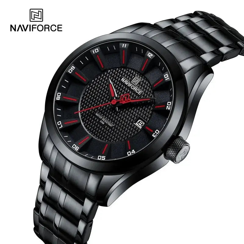 NAVIFORCE men's wristwatch with black stainless steel strap, red hour markers and date window.