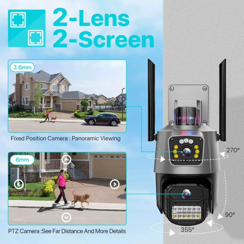 Outdoor wifi PTZ camera with dual lenses and dual-screen display; silver-gray body with two black antennas