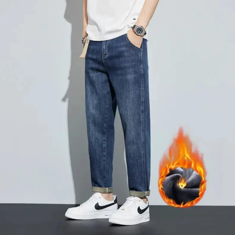 Men's dark blue fleece jeans, loose straight fit with cuffed hems, Simples Market.