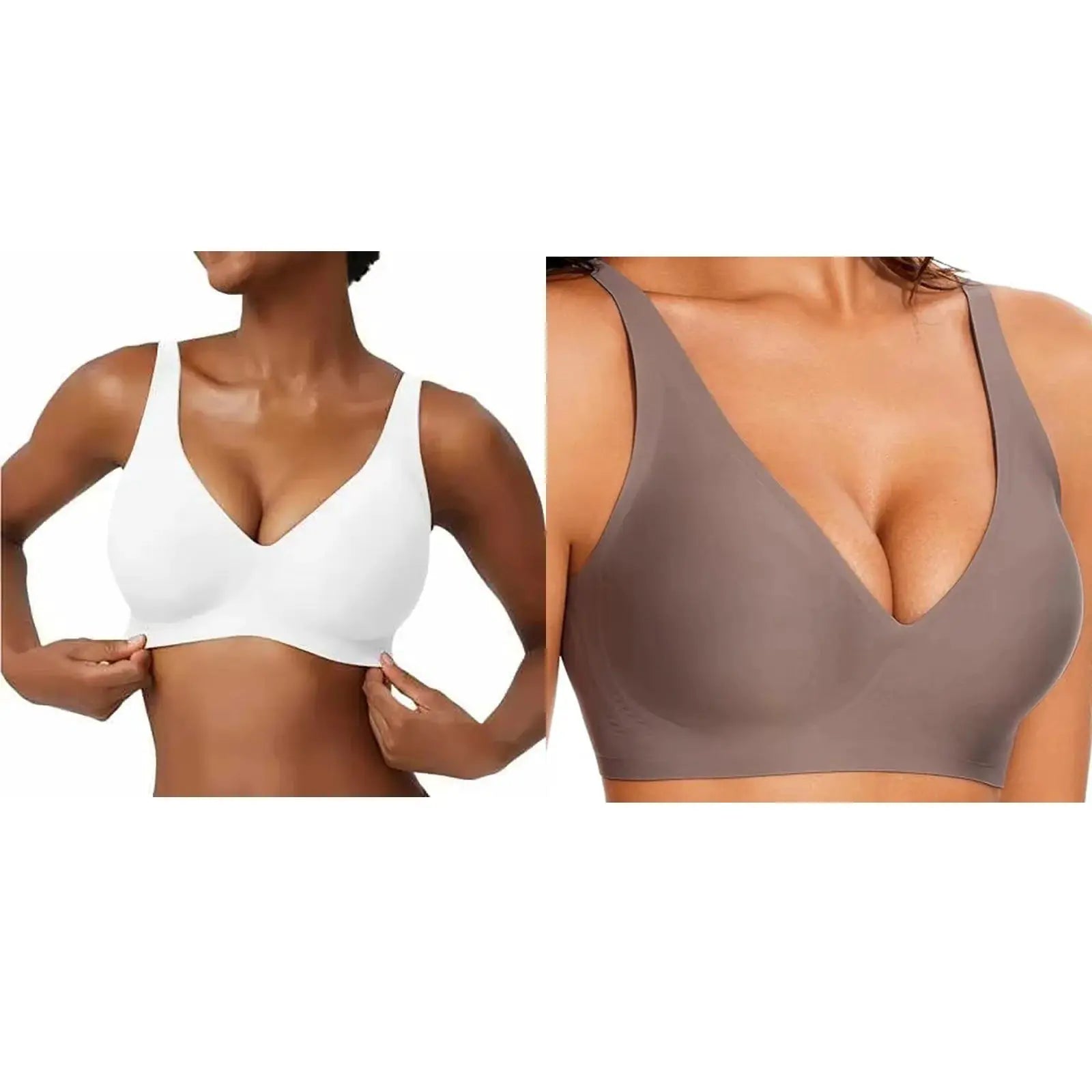 2 seamless wire-free bras in white and taupe with full cups and soft molded support