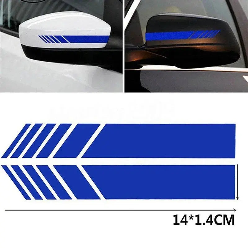 Car rearview mirror stripe decals, blue reflective vinyl, 14x1.4 cm pair