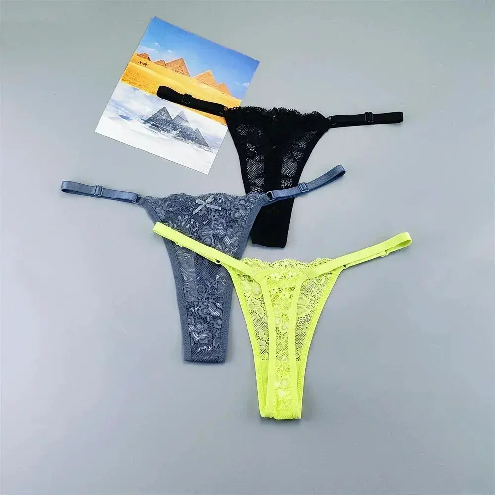 3-piece adjustable lace thong underwear set in black, gray, and neon yellow with low-waist T-back design