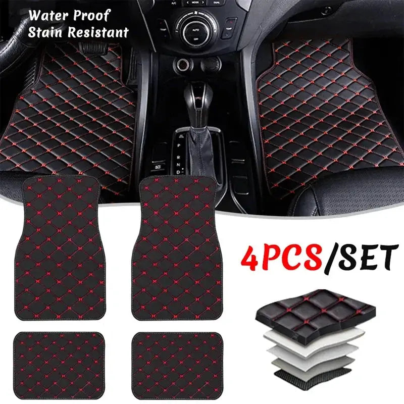 Car floor mats set, 4 pieces, black PU leather with red diamond stitching, waterproof, front/rear, Simples Market