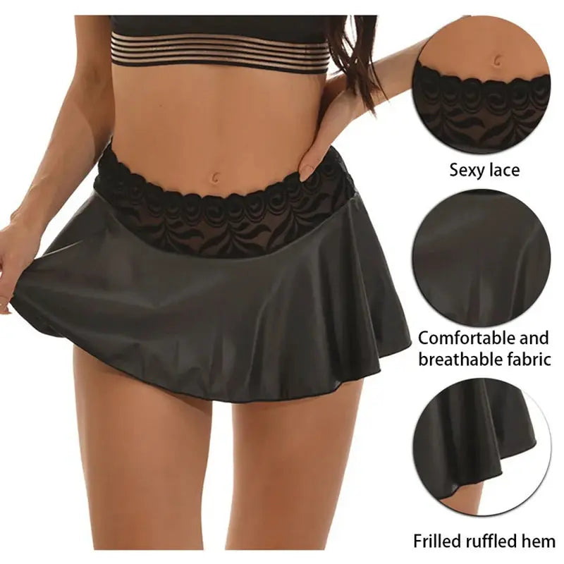 Sexy lace mini skirt by Simples Market, black high-waisted pleated miniskirt with frilled hem