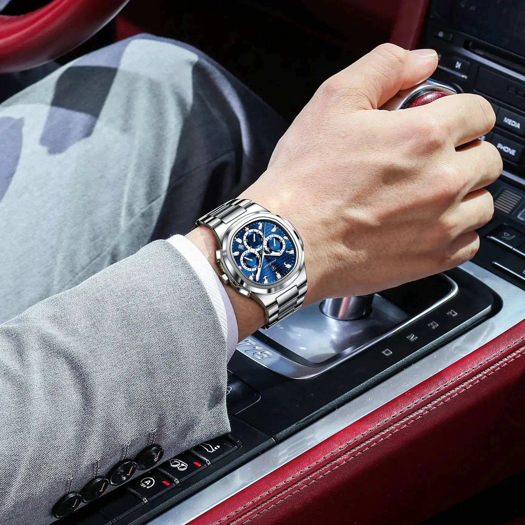 POEDAGAR men's stainless steel chronograph wristwatch with blue dial