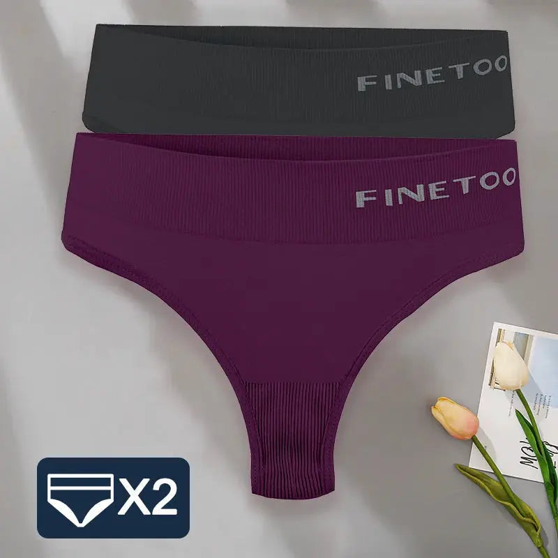 FINETOO 2-pack high-waist thong underwear for women in purple and charcoal; Simples Market