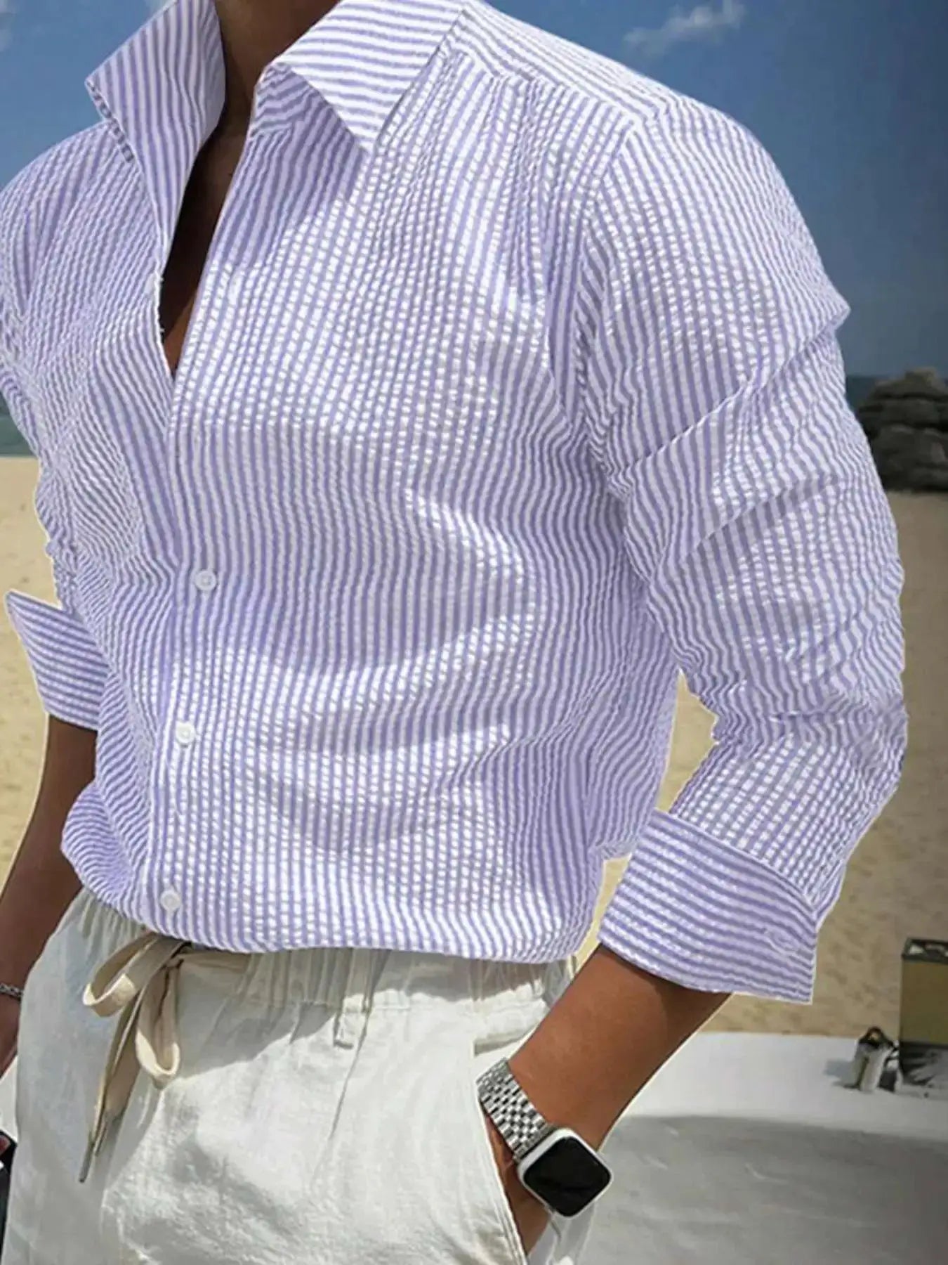 Men's long-sleeve striped shirt in lavender and white, loose-fit casual top by Simples Market