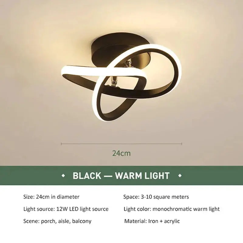 LED ceiling light fixture with intertwined black iron rings and warm LED glow, 24cm diameter