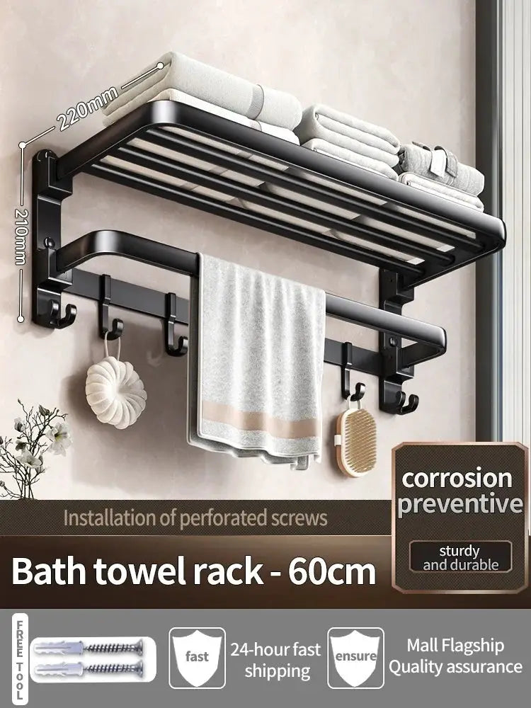 Folding bath towel rack with shelf and hooks, black aluminum, 60cm