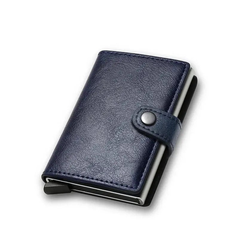Credit card holder wallet in blue leather with snap strap by Simples Market