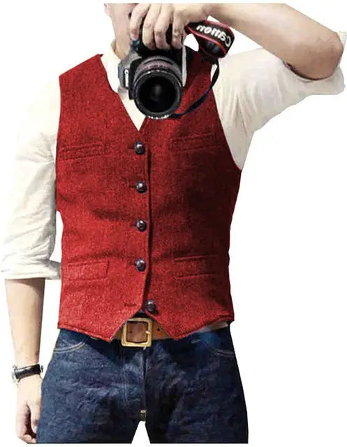 Men's red herringbone tweed waistcoat vest, V-neck, slim fit for weddings