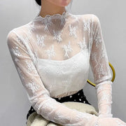 AstraNova Mesh Couture Black Hollow Out Turtleneck Top Sheer See Through Long Sleeve Womens Shirt