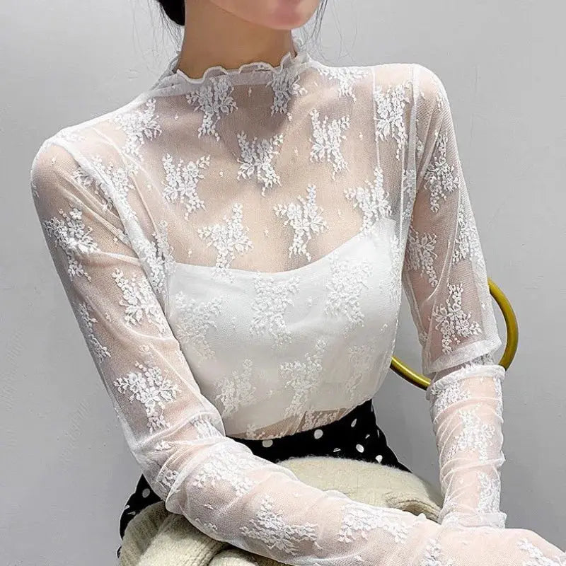 AstraNova Mesh Couture Black Hollow Out Turtleneck Top Sheer See Through Long Sleeve Womens Shirt