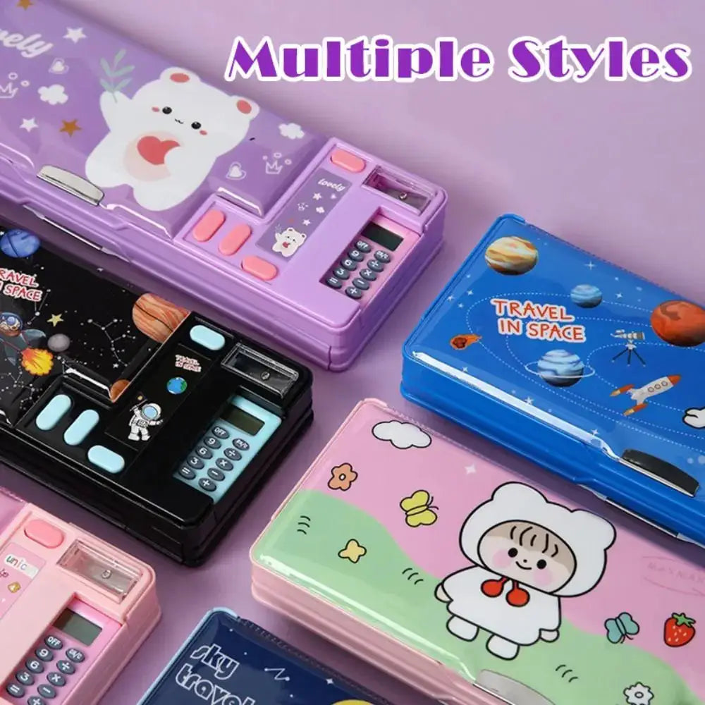 Six colorful plastic pencil cases with built-in calculators and pencil sharpeners, space and cute character designs.