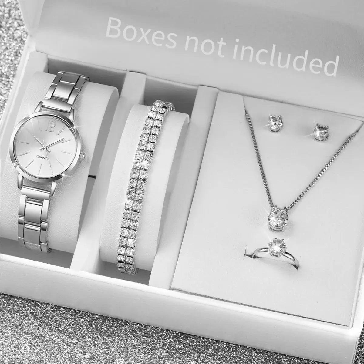 6-piece women's quartz watch and jewelry set in silver: stainless steel watch, crystal bracelet, necklace, earrings, and ring