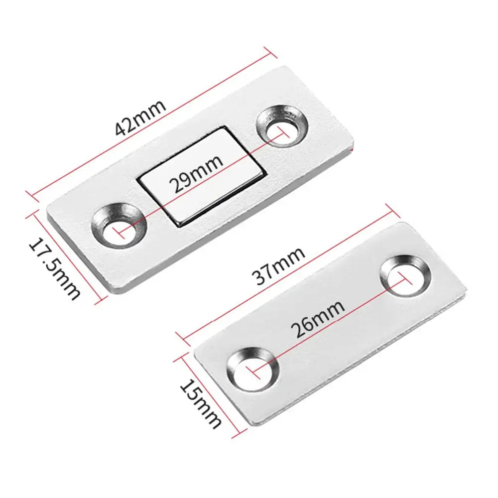 Magnetic cabinet catches set in silver metal; two plates with screw holes for kitchen and closet doors