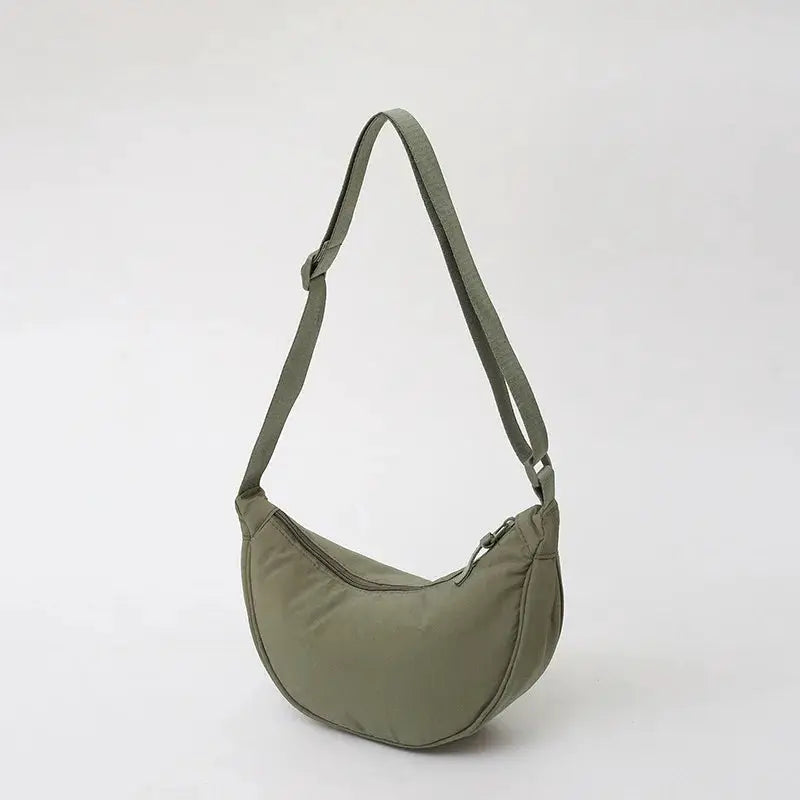 Nylon zipper crossbody bag, crescent dumpling shape in olive, adjustable strap, large capacity