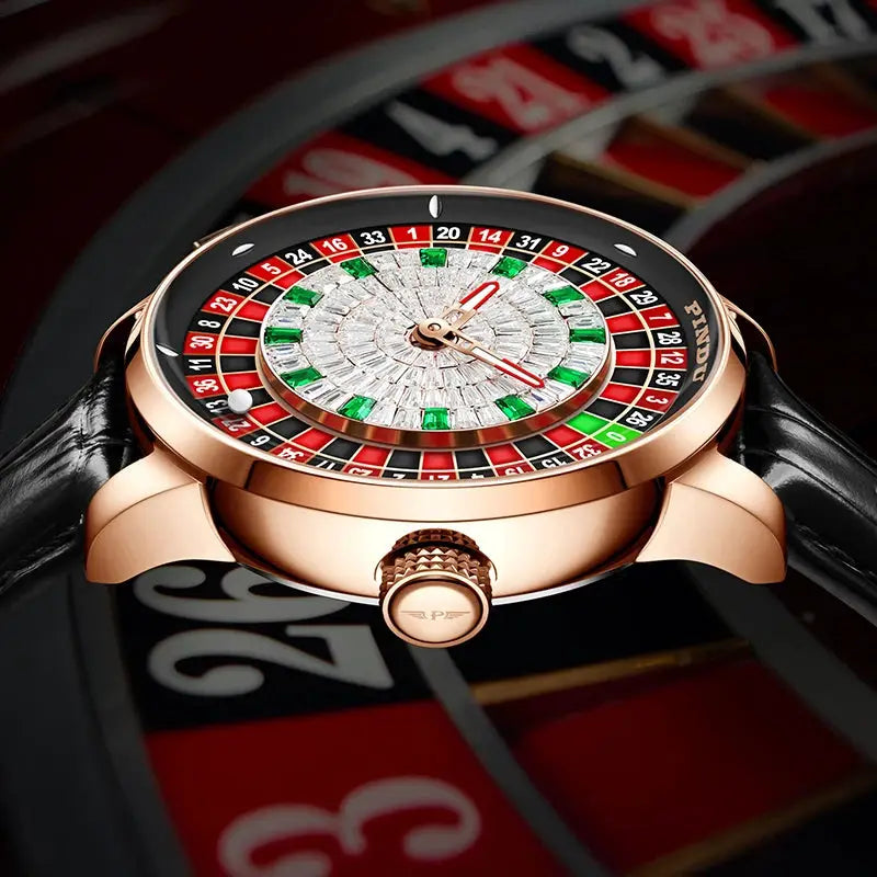 Mechanical men's wristwatch with rose-gold case, leather strap, roulette-dial, sapphire glass, NH35A movement.