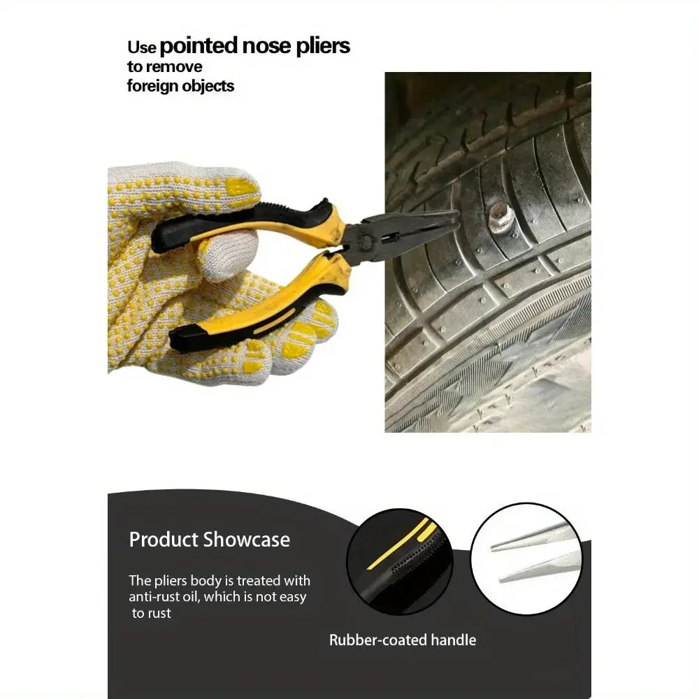 Ultimate Tire Repair Tool Kit by Simples Market; yellow and black pliers with tire plug tools beside a punctured tire