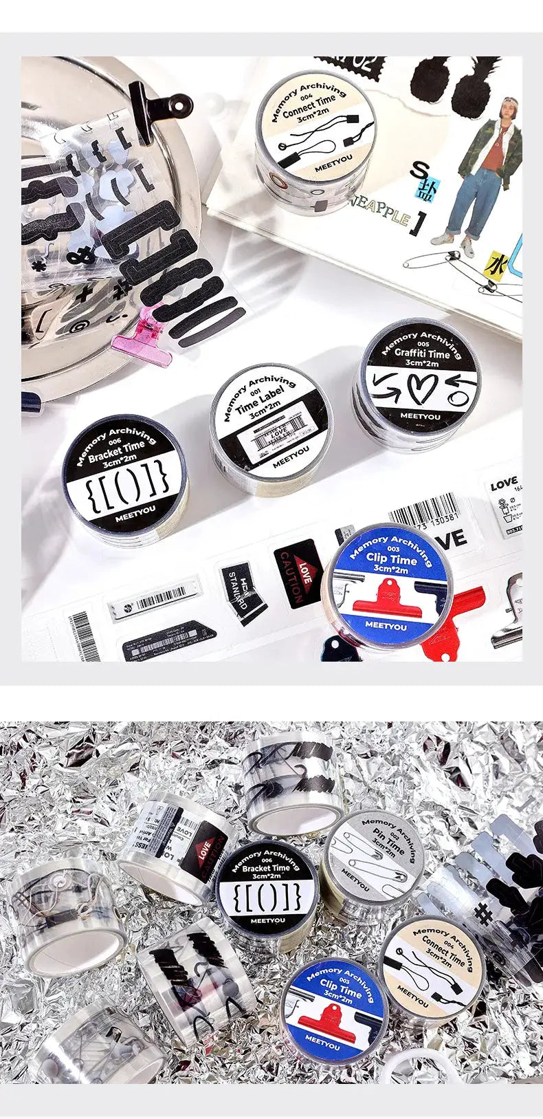Decorative memory-archiving washi tape rolls, MEETYOU brand, 3cm×2m for scrapbooking and junk journaling