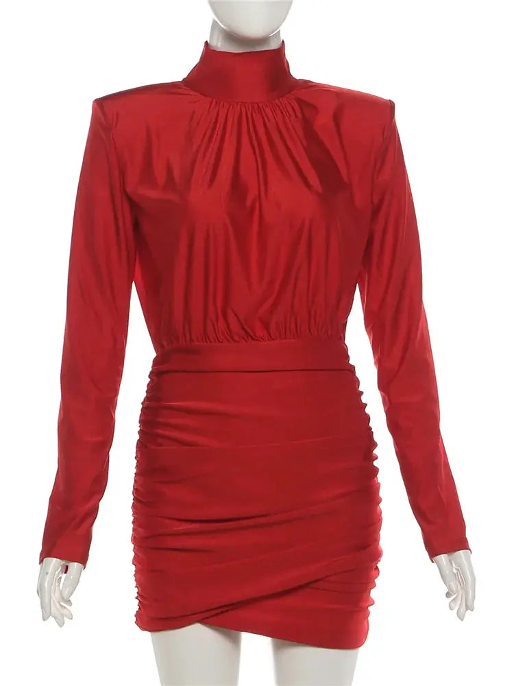 Nibber Turtleneck Dress Women Shoulder Ruched Peach Mini Bodycon